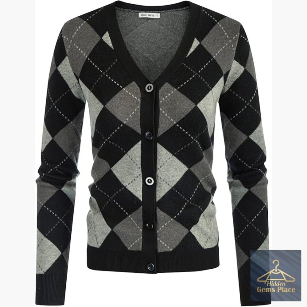Slim Fit Argyle Cardigan, V-Neck Button Up, Ribbed Hem, Preppy Style